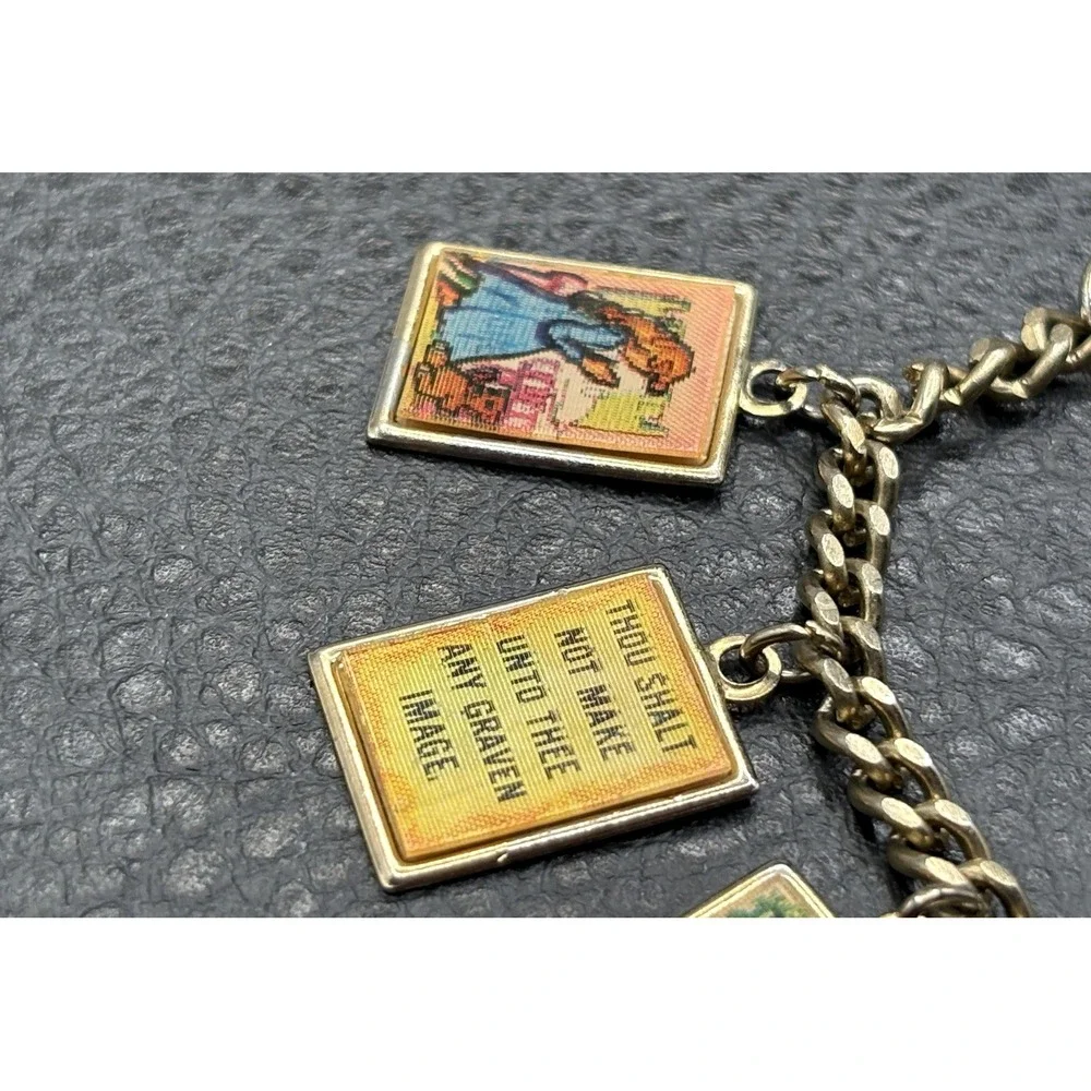 VTG 10 Commandments Holographic Lenticular Charm Bracelet Christian Gold Tone